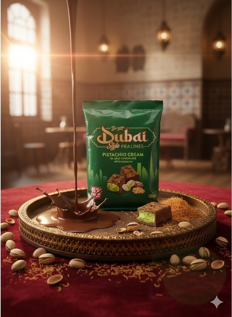 Bergen Dubai Pralines with Pistachio Cream In Milk Chocolate With Kadayif 120 gm - Image 2